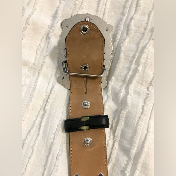 Tony Lama Black Blingy Leather Western Belt with Silver Chrome Ornate Buckle - Picture 6 of 9